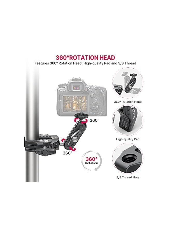 Ulanzi Super Clamp Camera Clamp Mount Monitor 360° Ballhead Magic Arm Double Ball Head Adapter with 1/4"-20 & 3/8"-16 Thread for Canon Nikon DSLR Camera/LED Lights/Ronin-M/Ronin MX/Freefly MOVI - Image 3