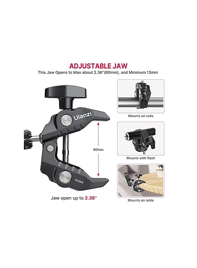 Ulanzi Super Clamp Camera Clamp Mount Monitor 360° Ballhead Magic Arm Double Ball Head Adapter with 1/4"-20 & 3/8"-16 Thread for Canon Nikon DSLR Camera/LED Lights/Ronin-M/Ronin MX/Freefly MOVI - Image 4