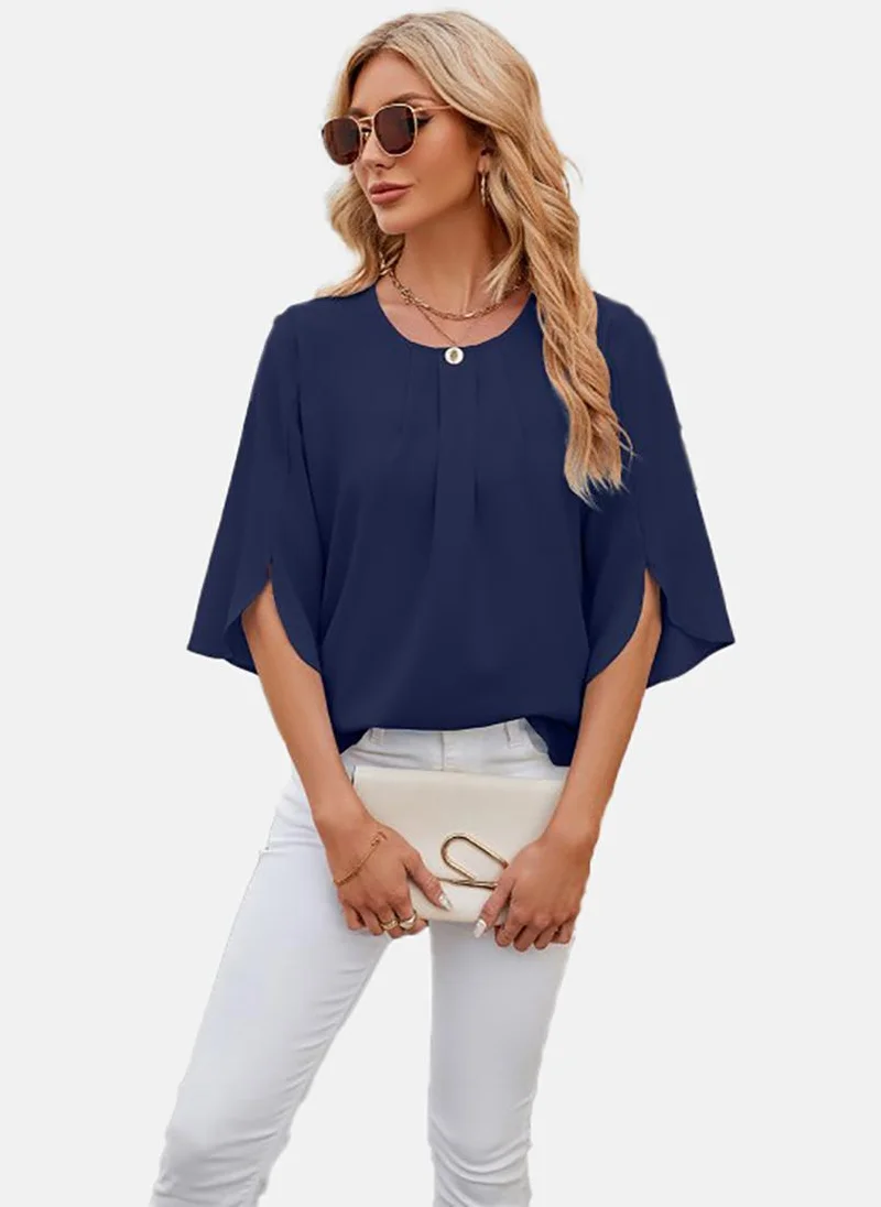 يونيكي Navy Blue Solid Three-Fourth Round Neck Tunics