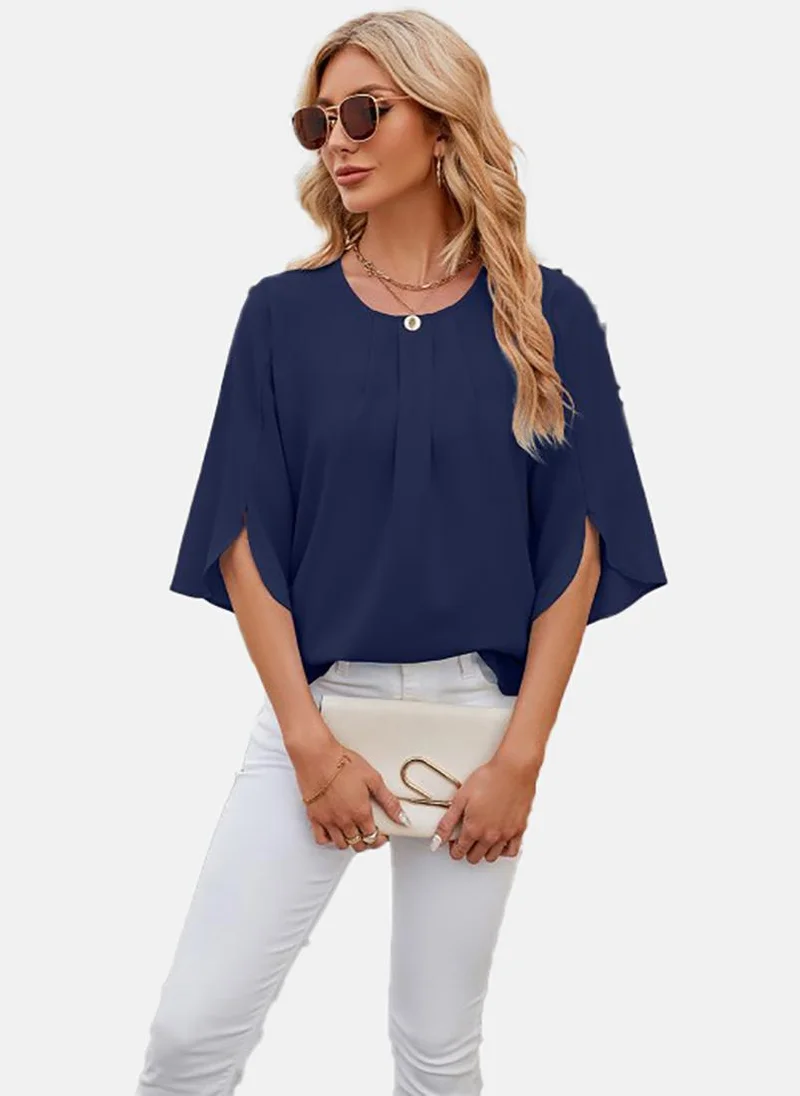 يونيكي Navy Blue Solid Three-Fourth Round Neck Tunics