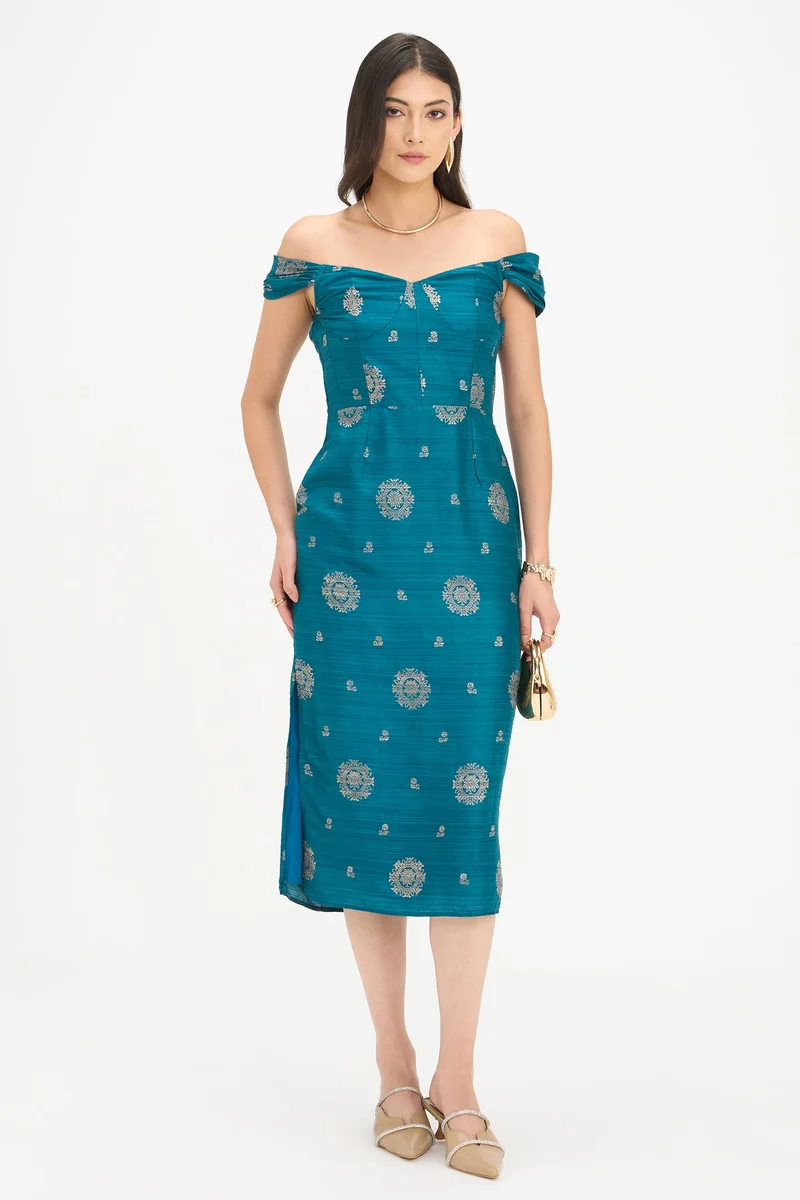 Virgio Ethnic Motifs Viscose Off Shoulder Bodycon Dress for Women