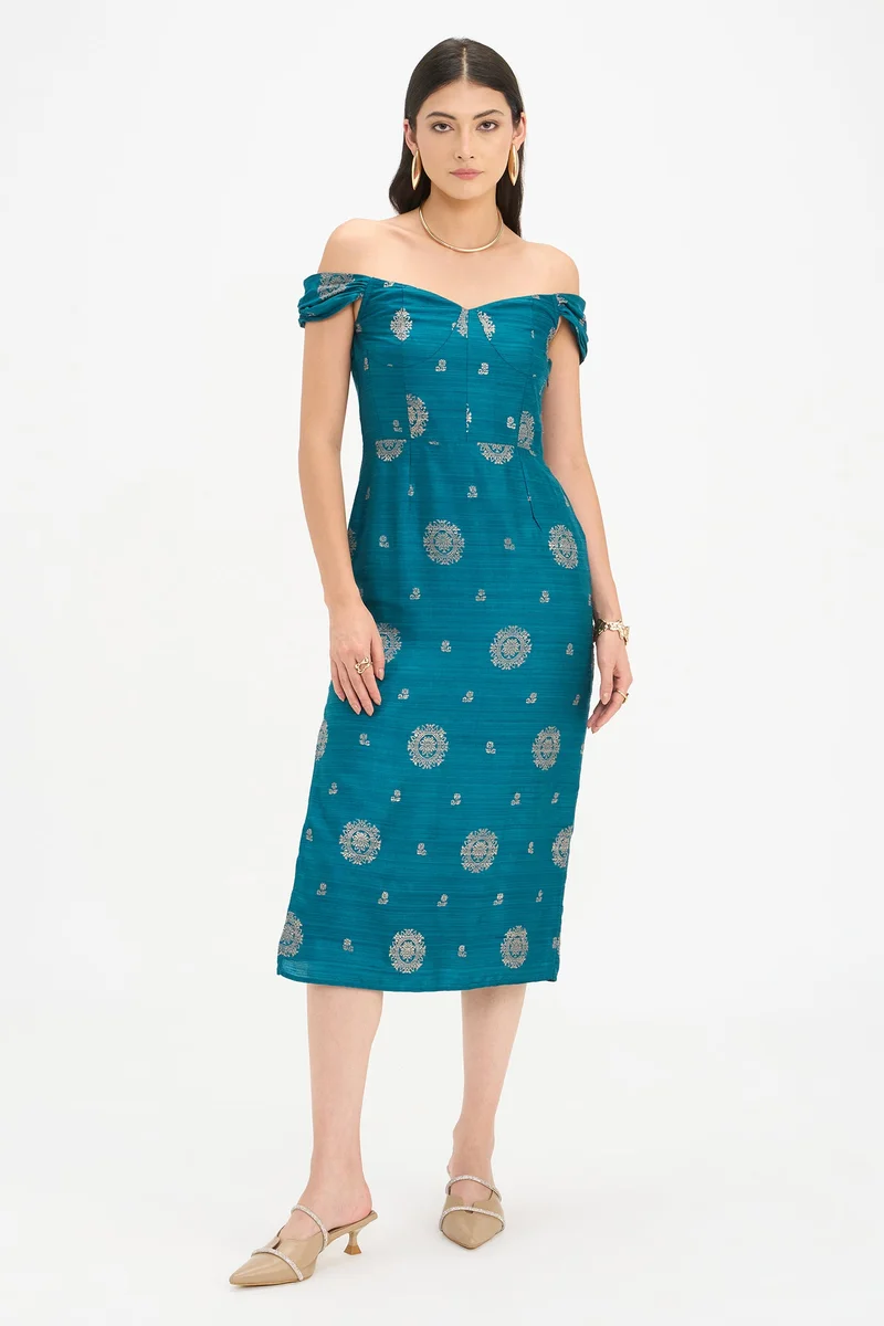 Virgio Ethnic Motifs Viscose Off Shoulder Bodycon Dress for Women