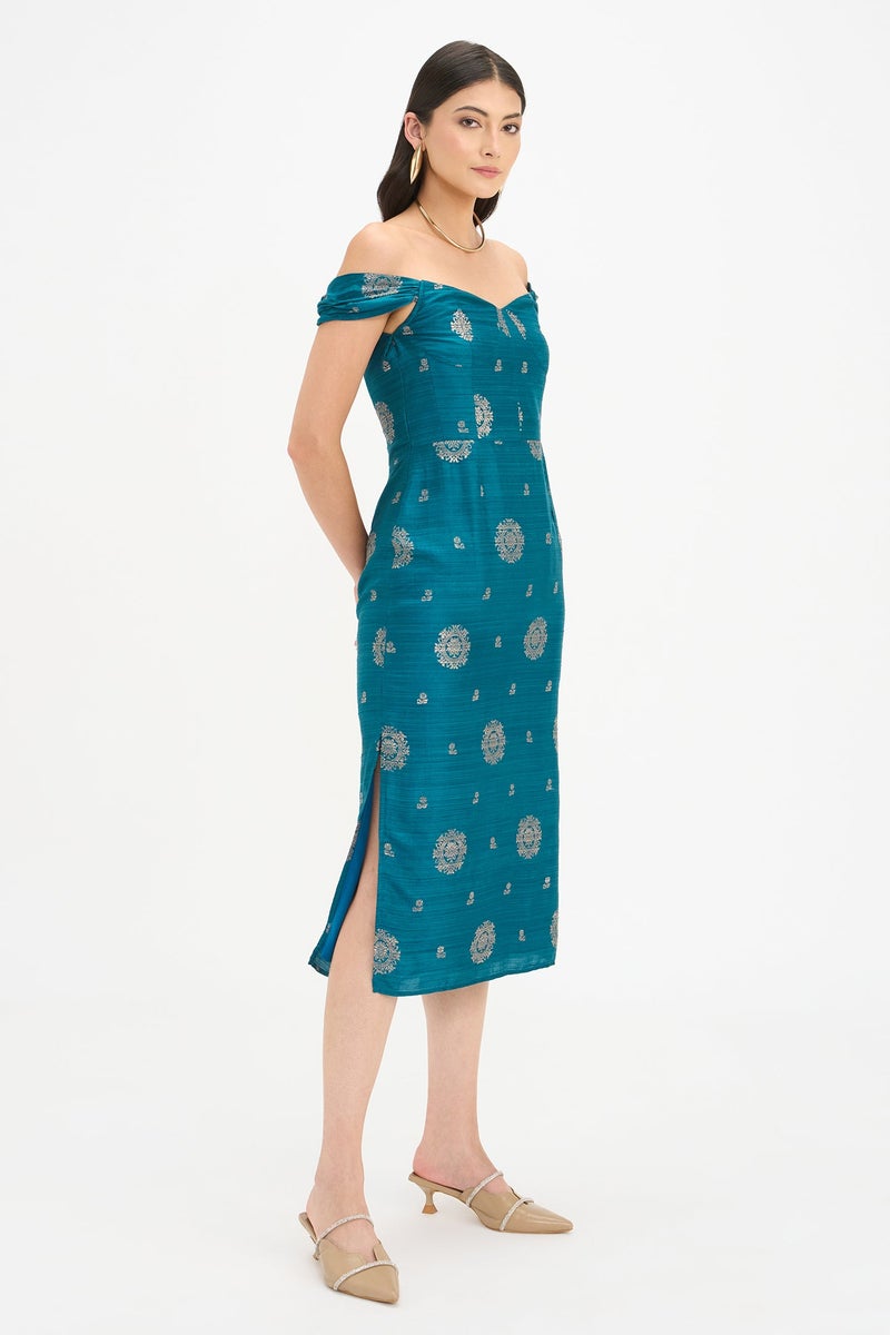 Virgio Ethnic Motifs Viscose Off Shoulder Bodycon Dress for Women - Image 3