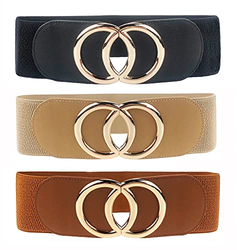 Swtddy Women's Elastic Wide Stretchy Waist Cinch Belt Waistband For Dresses (Suit For Waist Size 27"-35", Golden O Design Black+Khaki+Camel) - Image 1