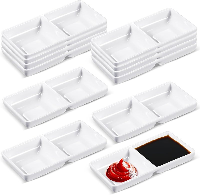 Gejoy 12 Pcs Dual Dipping Sauce Bowls Soy Sauce Dish Bowls Two Compartments Party Trays Divided Fondue Plates for Restaurant Kitchen Sushi Soy White - Image 1