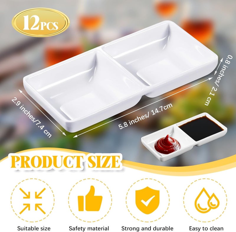 Gejoy 12 Pcs Dual Dipping Sauce Bowls Soy Sauce Dish Bowls Two Compartments Party Trays Divided Fondue Plates for Restaurant Kitchen Sushi Soy White - Image 2