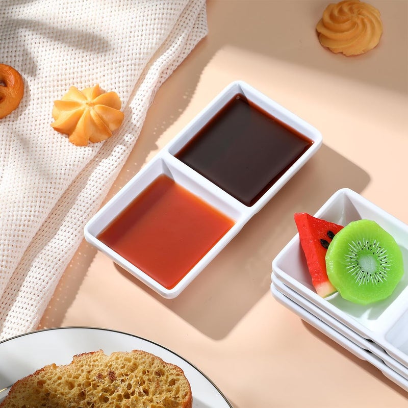 Gejoy 12 Pcs Dual Dipping Sauce Bowls Soy Sauce Dish Bowls Two Compartments Party Trays Divided Fondue Plates for Restaurant Kitchen Sushi Soy White - Image 5