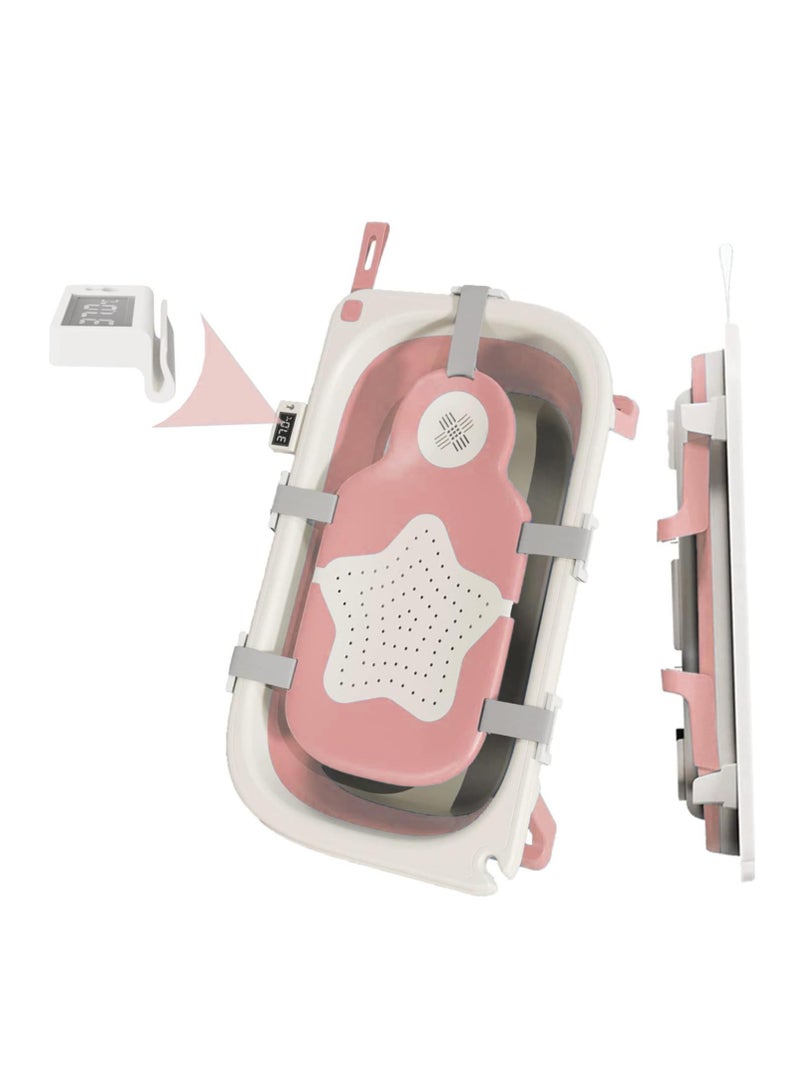 حوض استحمام الطفل القابل للطي مع استشعار درجة الحرارة حوض استحمام محمول للسفر بفتحة لتصريف الماء، صمم ليكون قويًا ومتينًا، مناسب للأطفال الرضع حتى الأطفال الصغار من 0 إلى 36 شهرًا، باللون الوردي. - Image 1