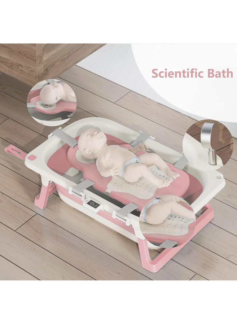 حوض استحمام الطفل القابل للطي مع استشعار درجة الحرارة حوض استحمام محمول للسفر بفتحة لتصريف الماء، صمم ليكون قويًا ومتينًا، مناسب للأطفال الرضع حتى الأطفال الصغار من 0 إلى 36 شهرًا، باللون الوردي. - Image 3
