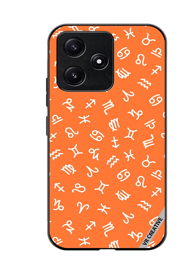 VR CREATIVE غطاء حماية لهاتف Xiaomi Poco M6 Pro 5G بنمط برتقالي سلس مع تصميم علامات زودياك البيضاء متعددة الألوان - Image 1