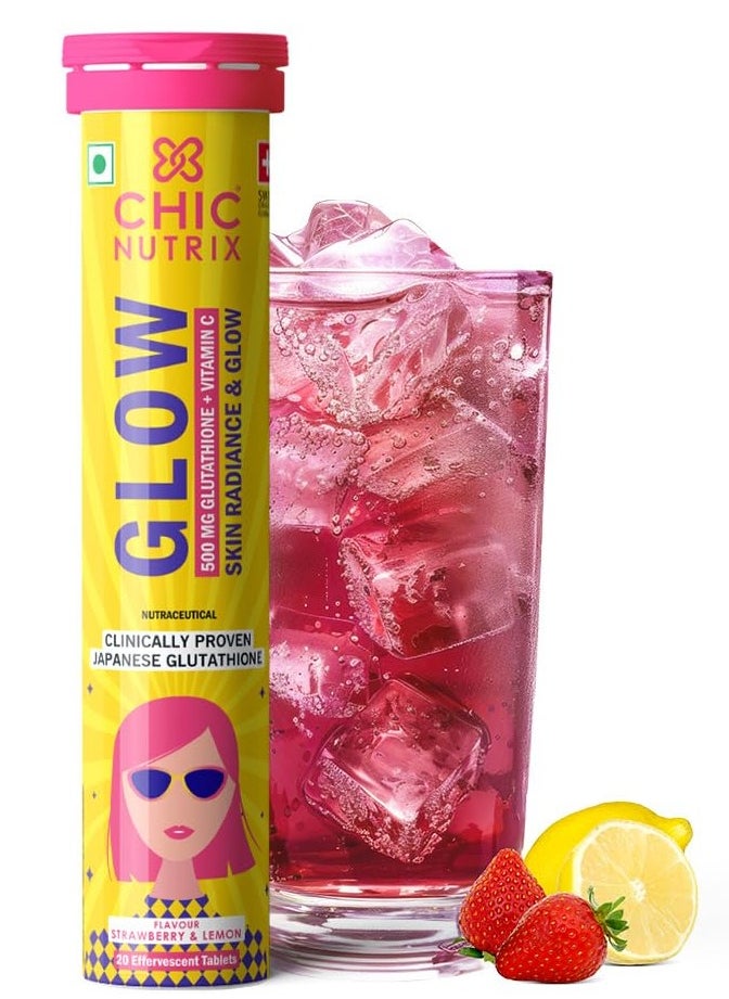 CHICNUTRIX 20 Effervescent Tablets Japanese Glutathione and Vit. C Antioxidants for clear glowing skin Sugar-free Strawberry lemon flavour  - Image 1