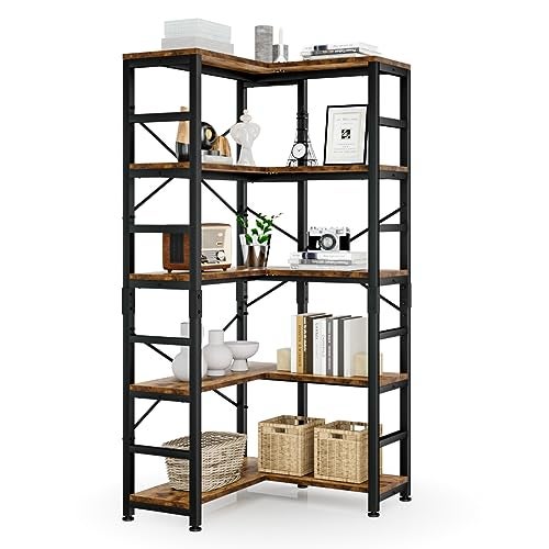 NUMENN 5 Tier Corner Bookshelf Modern Corner Bookcase Large Open Shelf Bookcase Tall Bookshelves Storage Display Rack for Bedroom Living Room and Home Office Vintage
