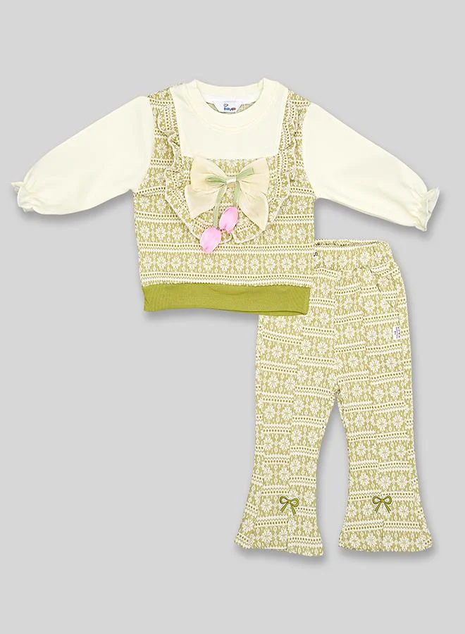 babyqlo Green Ethnic Print Bow Co-ord Set For Girls