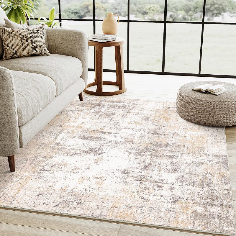WondRg 4x5 Washable Area Rug Beige Grey Abstract Entryway Office Throw Rug Neutral Modern Non Slip Soft Low Pile Indoor Carpet for Living Room Bedroom Kitchen Entrance - Image 4