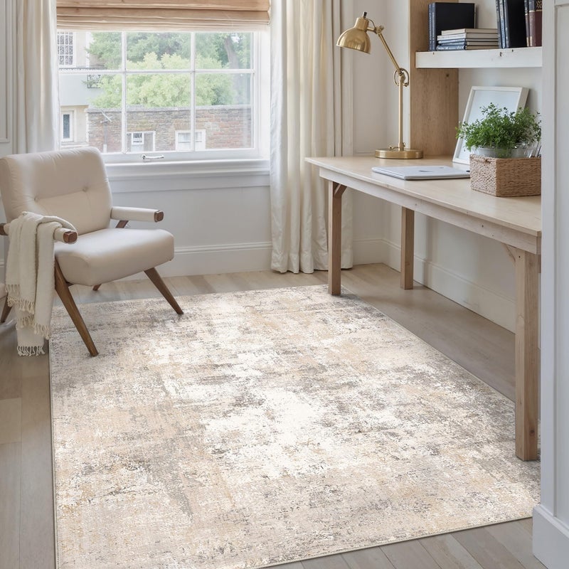 WondRg 4x5 Washable Area Rug Beige Grey Abstract Entryway Office Throw Rug Neutral Modern Non Slip Soft Low Pile Indoor Carpet for Living Room Bedroom Kitchen Entrance - Image 1