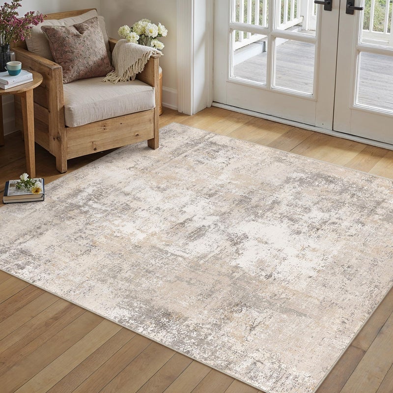 WondRg 4x5 Washable Area Rug Beige Grey Abstract Entryway Office Throw Rug Neutral Modern Non Slip Soft Low Pile Indoor Carpet for Living Room Bedroom Kitchen Entrance - Image 3
