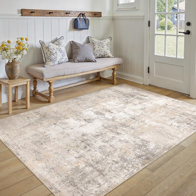WondRg 4x5 Washable Area Rug Beige Grey Abstract Entryway Office Throw Rug Neutral Modern Non Slip Soft Low Pile Indoor Carpet for Living Room Bedroom Kitchen Entrance - Image 5
