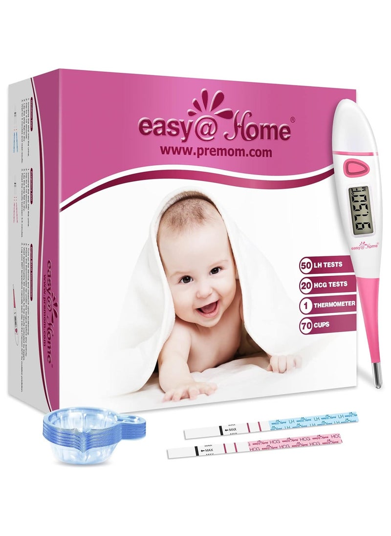 Easy@Home 50 Ovulation Strips & 20 Early Pregnancy Tests & One Basal Body Thermometer & 70 Urine Cups  - Image 1