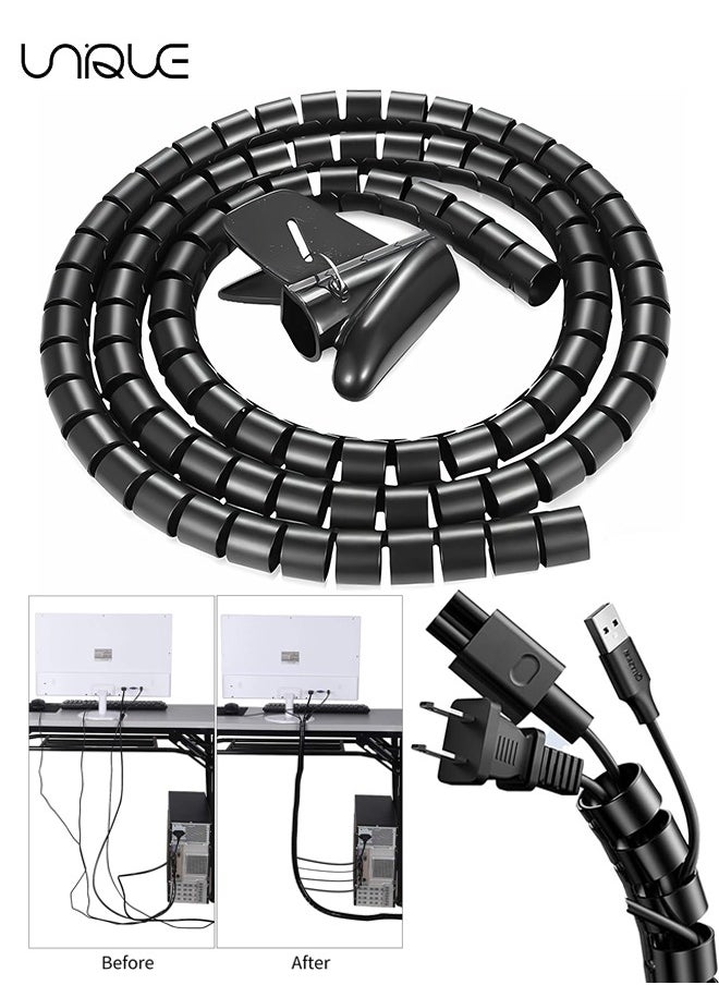 Unique Cable Tidy Sleeves - 10mm*5m Cable Management Wire Tidy Cable Cover Protector - Spiral Flex Cable Wrap - Cord Organizer Clip for PC TV Computer Home and Office Cord Organizer, DIY Flexible - Black  - Image 1