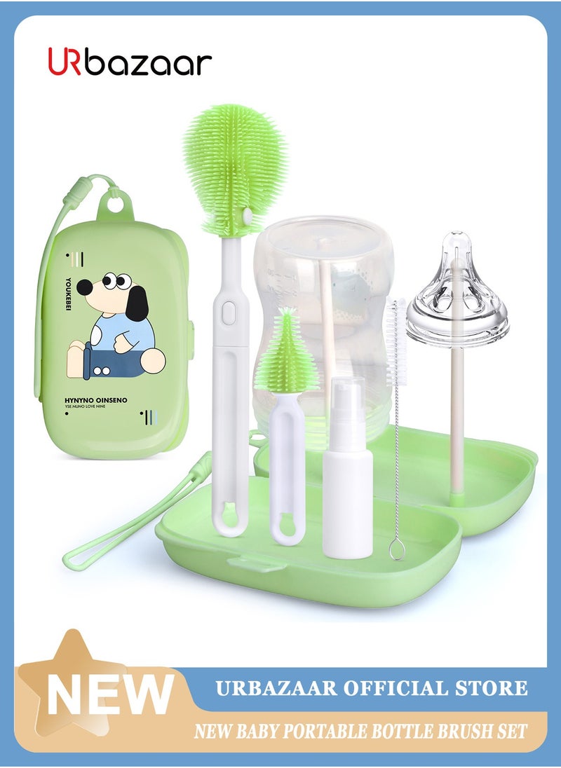 URbazaar 6 In 1 Baby Bottle Cleaner Kit With Silicone Brush, Nipple Brush, Straw Brush, Drying Rack (Green puppy)  - Image 1