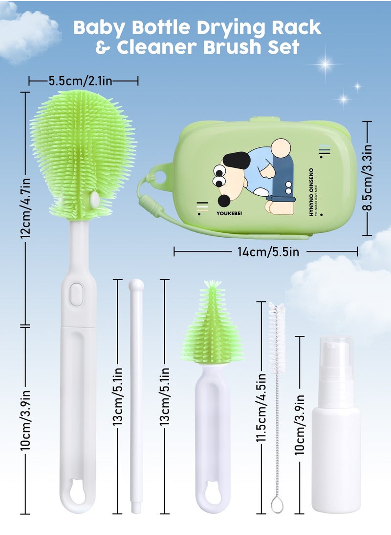 URbazaar 6 In 1 Baby Bottle Cleaner Kit With Silicone Brush, Nipple Brush, Straw Brush, Drying Rack (Green puppy)  - Image 2
