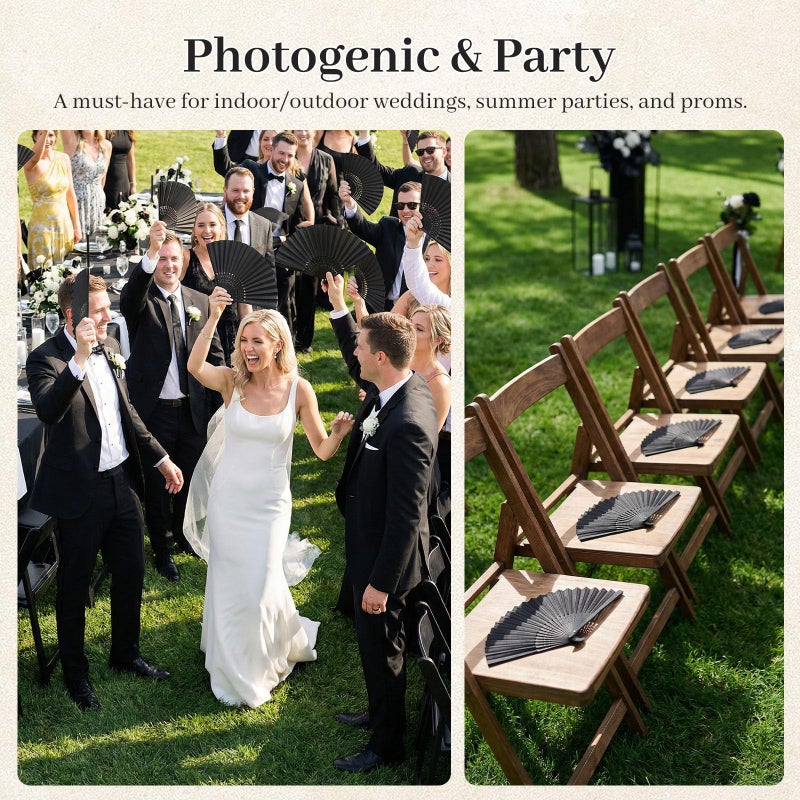 JOHOUSE 12 Packs 8.3 Inch Black Chinese Paper Foldable Hand Fan for Women - Wedding, Bridal Shower, Outdoor Party Favors, DIY Home Decor - Image 2
