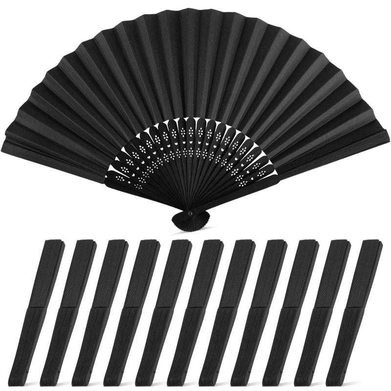 JOHOUSE 12 Packs 8.3 Inch Black Chinese Paper Foldable Hand Fan for Women - Wedding, Bridal Shower, Outdoor Party Favors, DIY Home Decor - Image 1