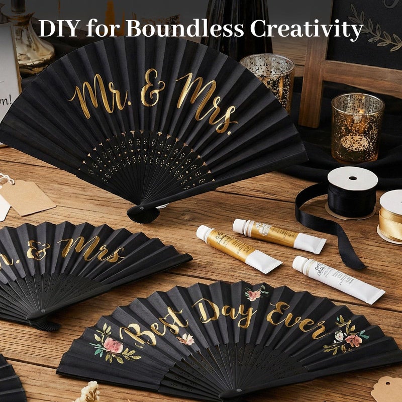 JOHOUSE 12 Packs 8.3 Inch Black Chinese Paper Foldable Hand Fan for Women - Wedding, Bridal Shower, Outdoor Party Favors, DIY Home Decor - Image 5