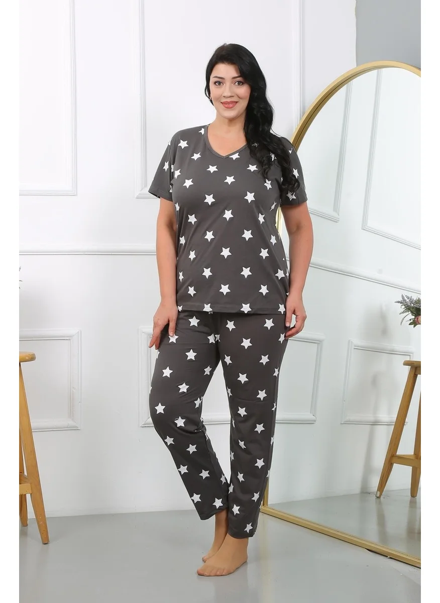 Akbeniz Women's Plus Size Short Sleeve Combed Cotton Pajama Set Smoked 202407