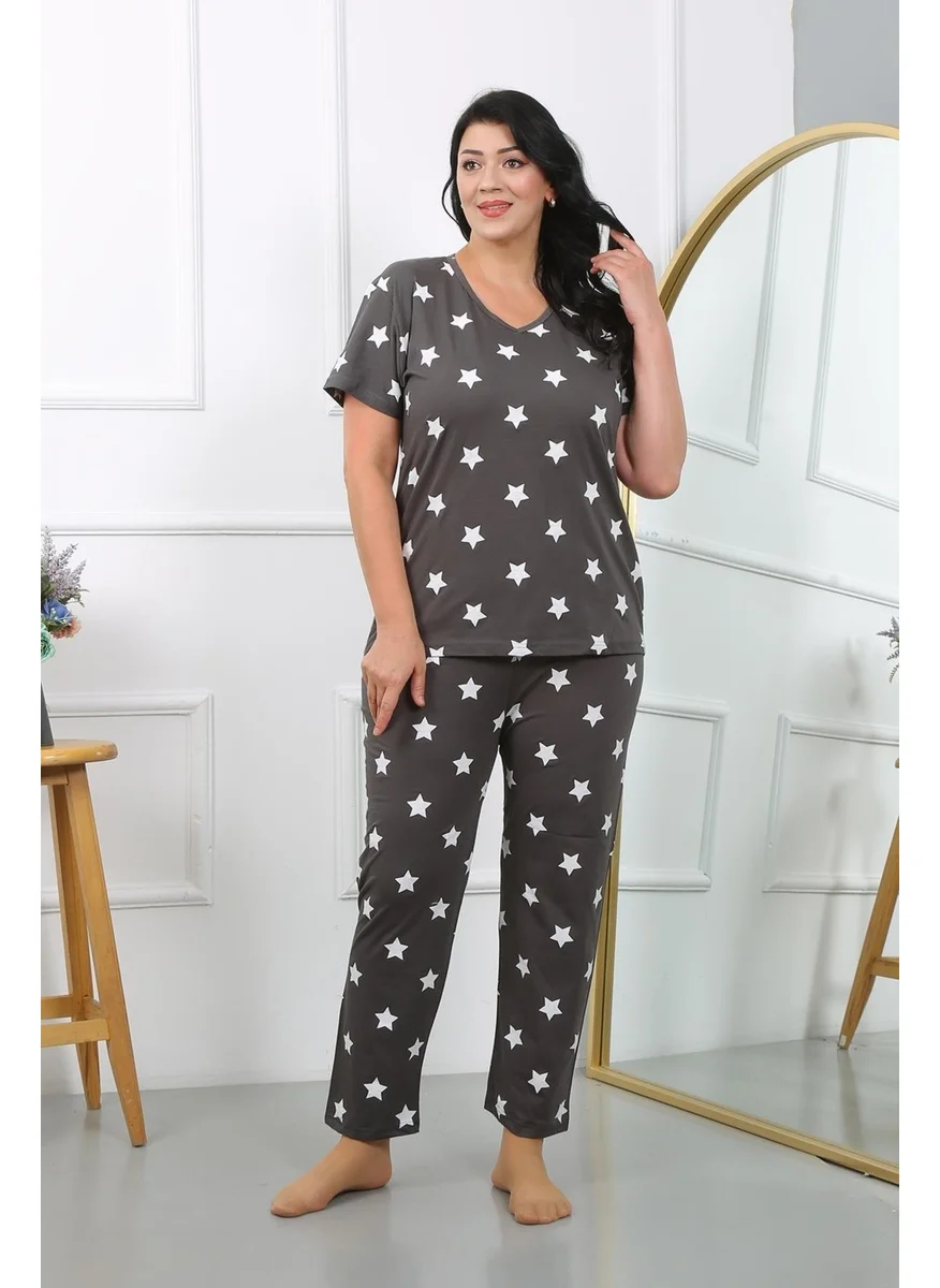 Akbeniz Women's Plus Size Short Sleeve Combed Cotton Pajama Set Smoked 202407