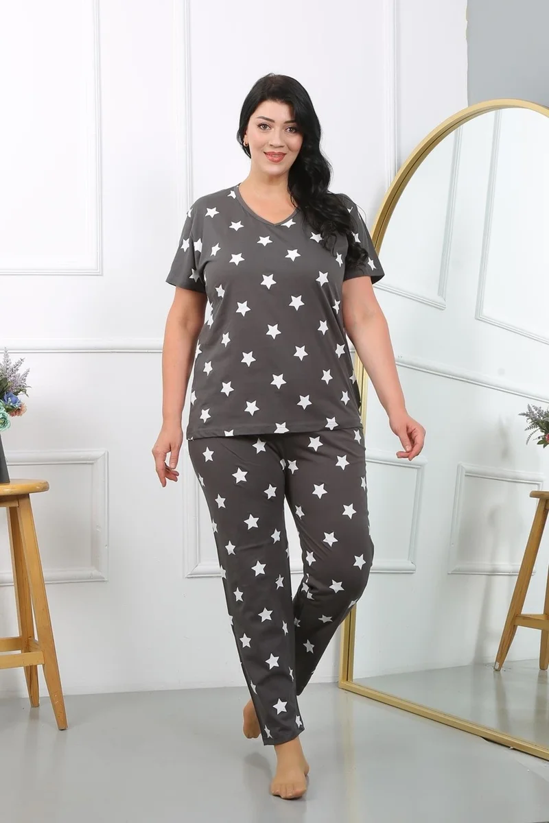 Akbeniz Women's Plus Size Short Sleeve Combed Cotton Pajama Set Smoked 202407