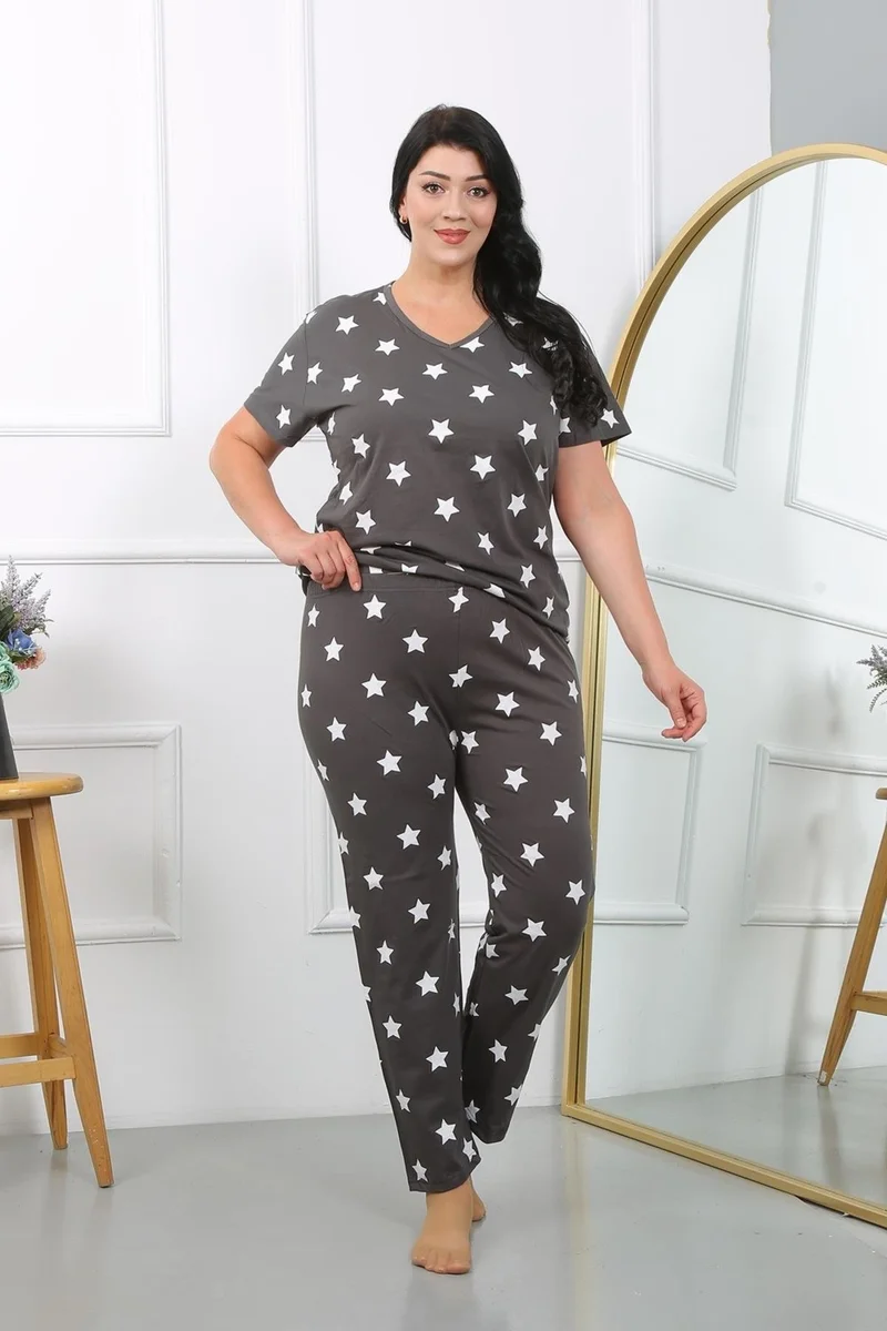 Akbeniz Women's Plus Size Short Sleeve Combed Cotton Pajama Set Smoked 202407