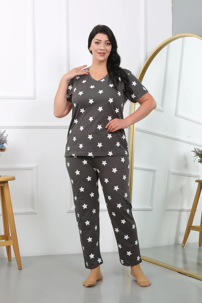 Akbeniz Women's Plus Size Short Sleeve Combed Cotton Pajama Set Smoked 202407