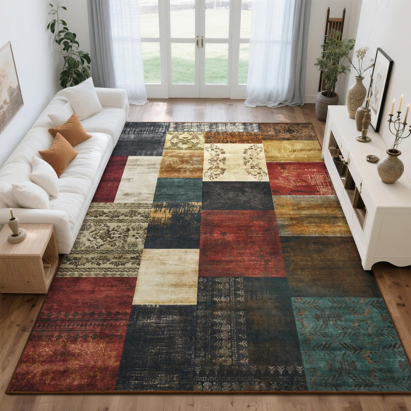 Tepook Modern Area Rug for Living Room, 6x9 Geometric Large Rugs for Bedroom, Washable Patchwork Rug Indoor Non-Slip Throw Carpets for Dining Room Office Farmhouse Home Decor, Multi - Image 1