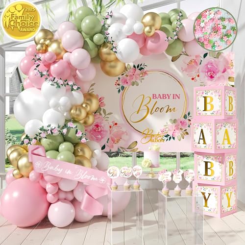 RainMeadow 338 PC Baby in Bloom Baby Shower Decorations for Girl Balloon Arch Garland Baby Boxes with Letters Backdrop Cake toppers Sash and More Floral Baby Shower Decorations Pink and Sage Green - Image 1