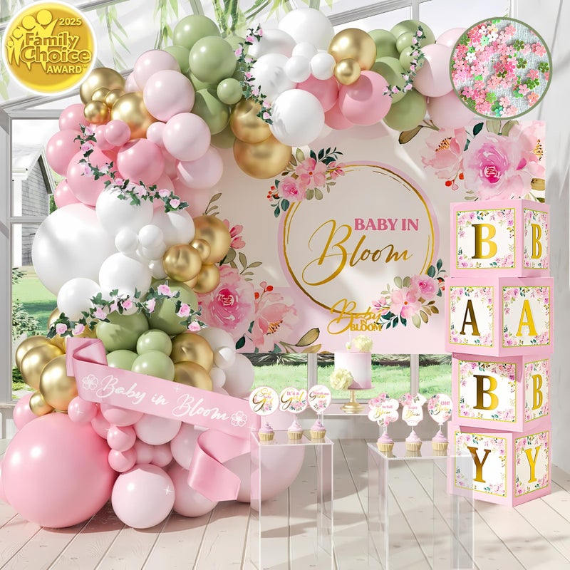 RainMeadow 338 PC Baby in Bloom Baby Shower Decorations for Girl Balloon Arch Garland Baby Boxes with Letters Backdrop Cake toppers Sash and More Floral Baby Shower Decorations Pink and Sage Green - Image 2