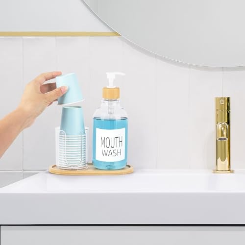 Tbestmax حامل غسول الفم مع حامل أكواب، زجاجة مضخة غسول الفم البلاستيكية مع صينية لتنظيم الحمام، حاوية غسول فم شفافة قابلة لإعادة التعبئة سعة 17 أونصة - من الخيزران - Image 5