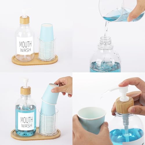 Tbestmax حامل غسول الفم مع حامل أكواب، زجاجة مضخة غسول الفم البلاستيكية مع صينية لتنظيم الحمام، حاوية غسول فم شفافة قابلة لإعادة التعبئة سعة 17 أونصة - من الخيزران - Image 4