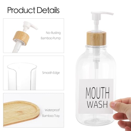 Tbestmax حامل غسول الفم مع حامل أكواب، زجاجة مضخة غسول الفم البلاستيكية مع صينية لتنظيم الحمام، حاوية غسول فم شفافة قابلة لإعادة التعبئة سعة 17 أونصة - من الخيزران - Image 3