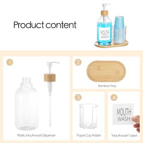 Tbestmax حامل غسول الفم مع حامل أكواب، زجاجة مضخة غسول الفم البلاستيكية مع صينية لتنظيم الحمام، حاوية غسول فم شفافة قابلة لإعادة التعبئة سعة 17 أونصة - من الخيزران - Image 2