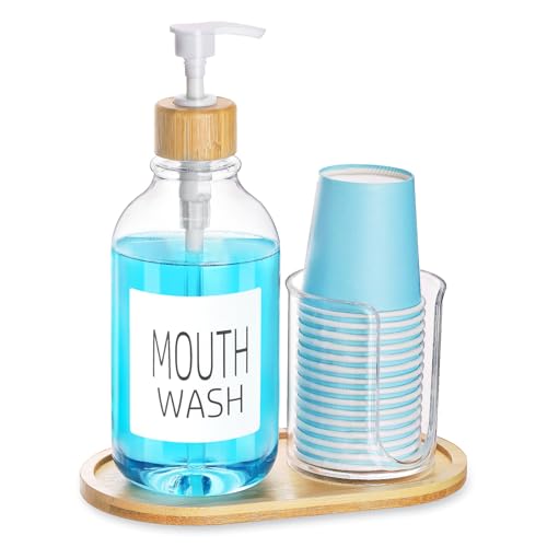 Tbestmax حامل غسول الفم مع حامل أكواب، زجاجة مضخة غسول الفم البلاستيكية مع صينية لتنظيم الحمام، حاوية غسول فم شفافة قابلة لإعادة التعبئة سعة 17 أونصة - من الخيزران - Image 1