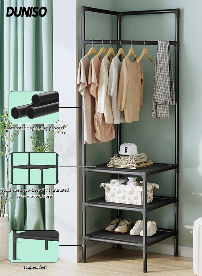 DUNISO Corner Coat Rack,Free Standing Coat Rack with 3 Layers Of Storage Shelves,Freestanding Closet Organizer,for Hallway Entryway Bedroom Living Room,Black - Image 1