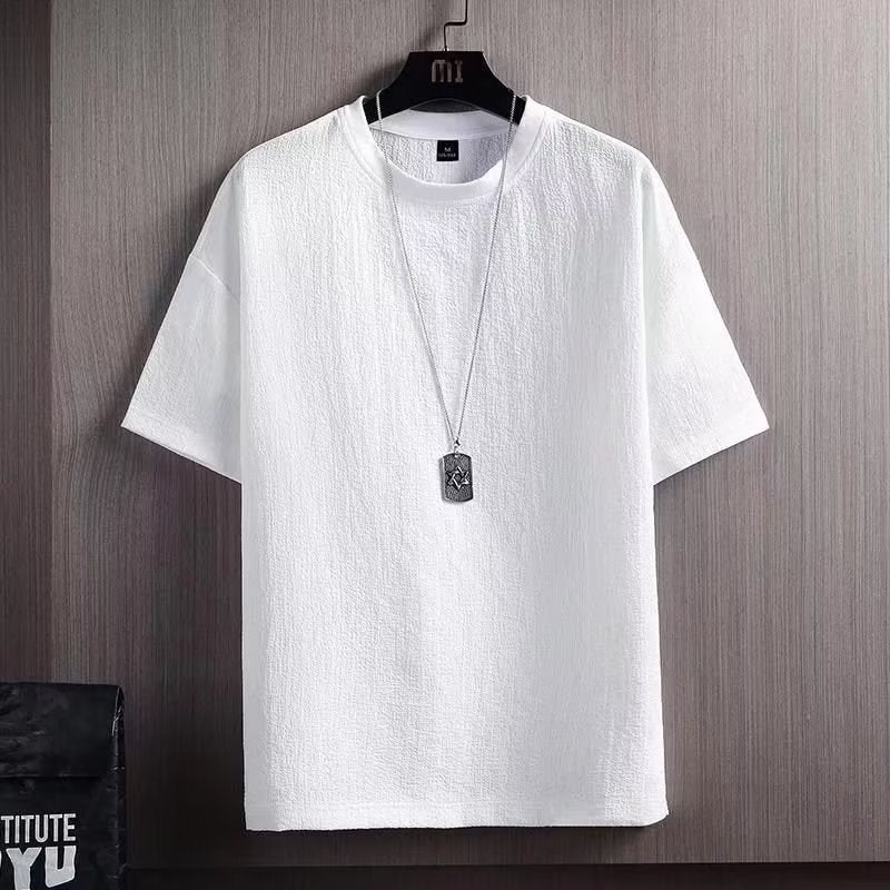 Solid Color V-Neck Short-Sleeved T-Shirt Men'S Hong Kong Style Trendy Loose T-Shirt Fashionable Casual Half-Sleeved Top - Image 1