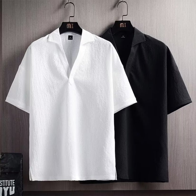 Solid Color V-Neck Short-Sleeved T-Shirt Men'S Hong Kong Style Trendy Loose T-Shirt Fashionable Casual Half-Sleeved Top - Image 2