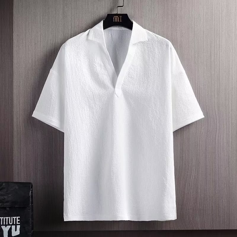 Solid Color V-Neck Short-Sleeved T-Shirt Men'S Hong Kong Style Trendy Loose T-Shirt Fashionable Casual Half-Sleeved Top - Image 5