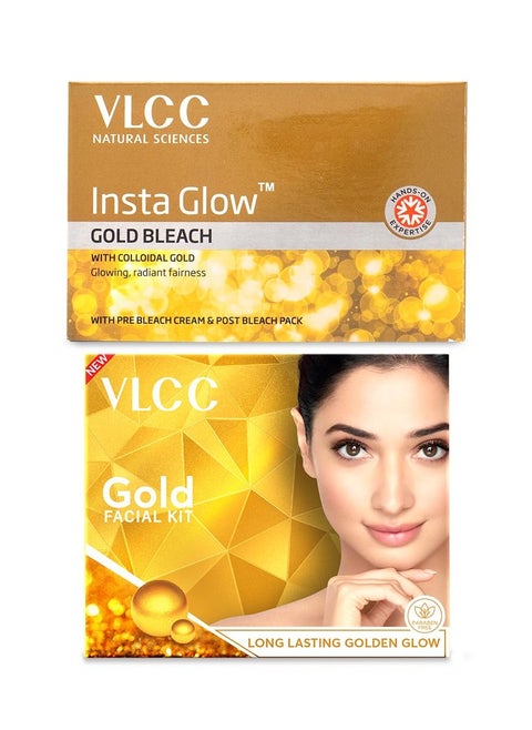 VLCC Gold Facial Kit, Bright & Glowing Skin - 60g and VLCC Insta Glow Gold Bleach - 30g | For Instant Fairness & Glowing Skin with Gold, and Turmeric