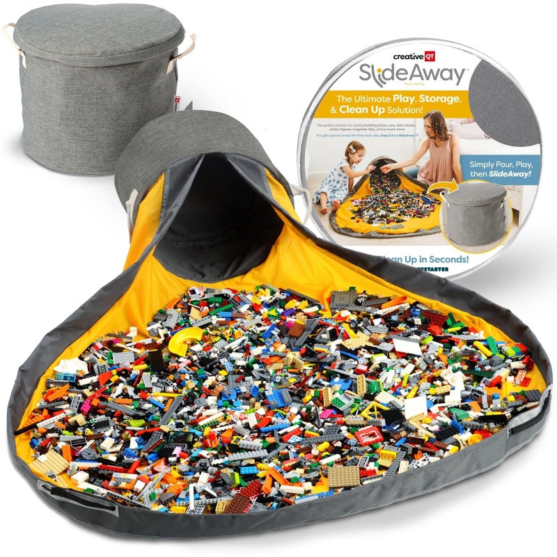 Creative QT SlideAway Toy Storage Organizer & Extra Large 52" Play Mat, Collapsible Storage Bins for Building Bricks, Small Blocks, Toys, Drawstring Cleanup for Kids Playroom & Classroom, Grey - Image 1