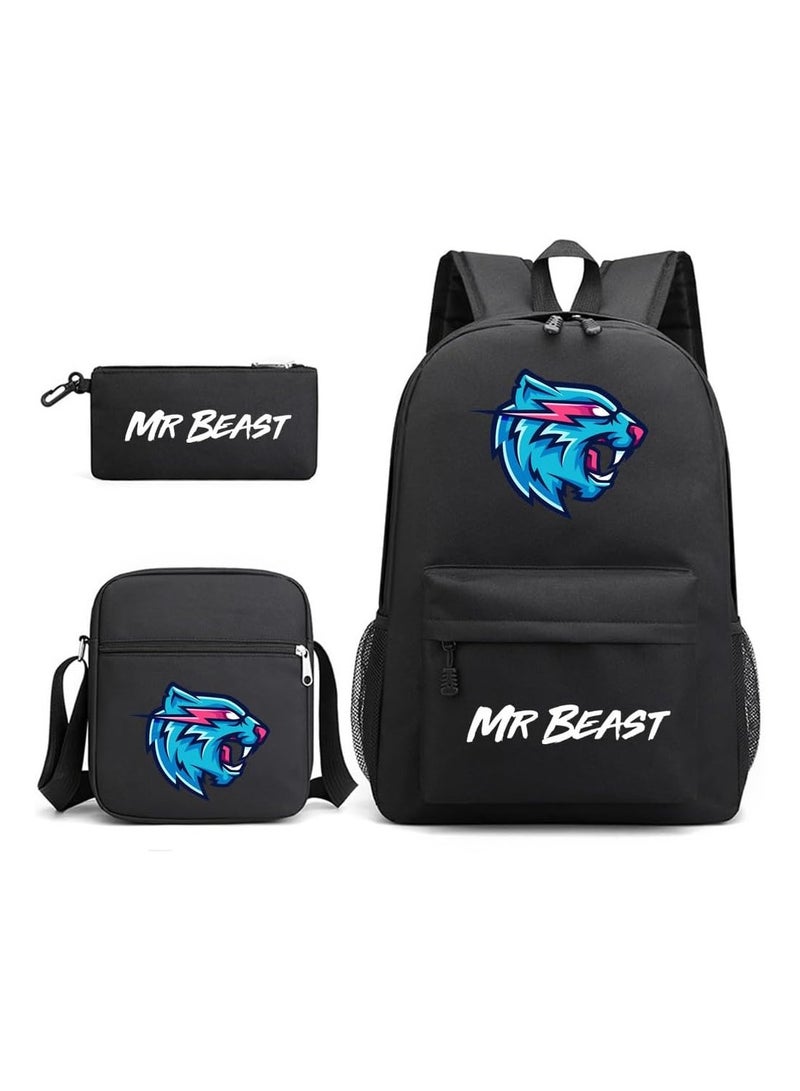 3PCS Backpack Set,Mr Beast School Backpack,Large Capacity Casual Backpack with Lunch Bag and Pencil case for Boys Girls Students