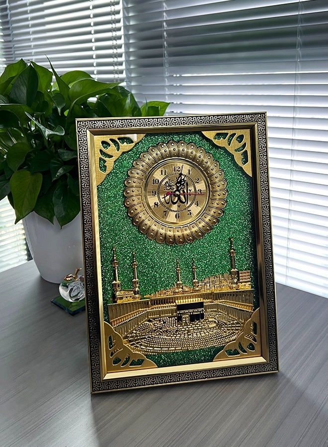 سعيد ساعة حائط مكة المكرمة الإسلامية بديكور ثلاثي الأبعاد للمسجد باللون الذهبي والخلفية الخضراء - Image 3