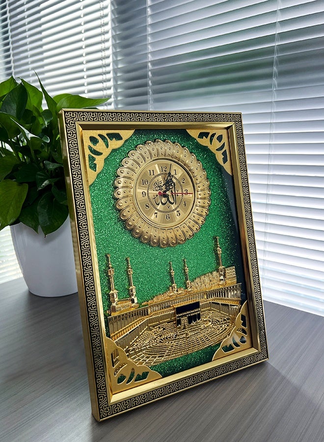 سعيد ساعة حائط مكة المكرمة الإسلامية بديكور ثلاثي الأبعاد للمسجد باللون الذهبي والخلفية الخضراء - Image 4